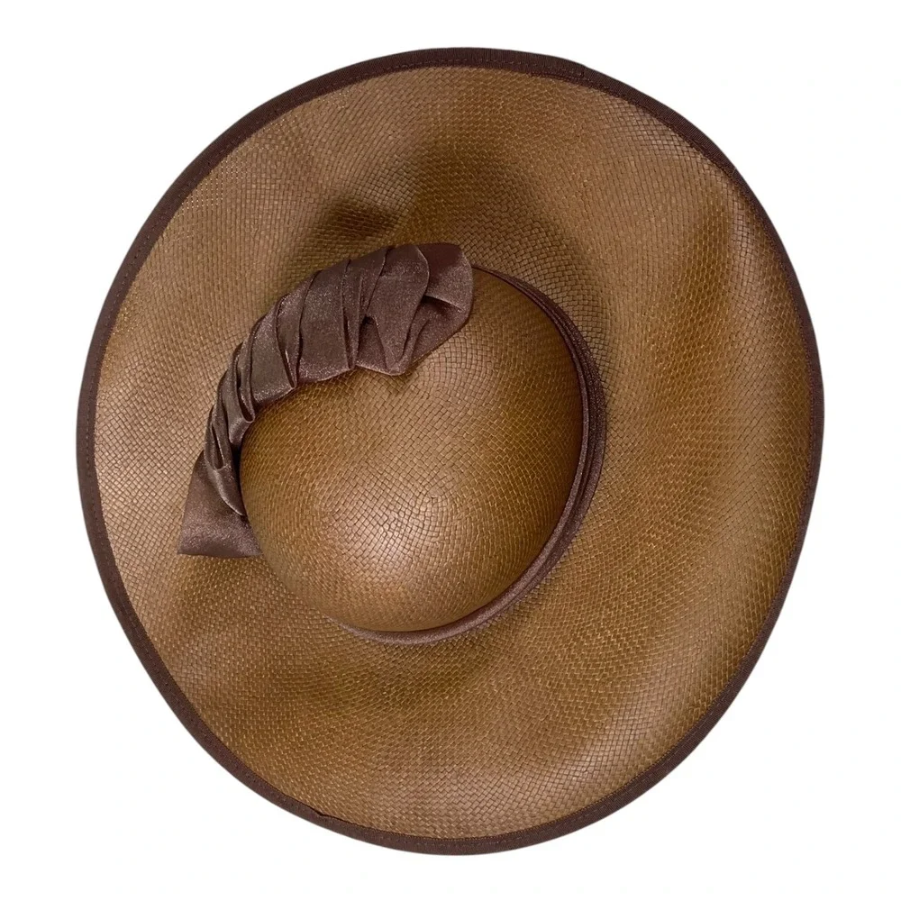 Georgi OS Brown Wide Brim Sun Hat Satin Bow Trim Made in USA Vintage Old Money - Picture 2 of 6
